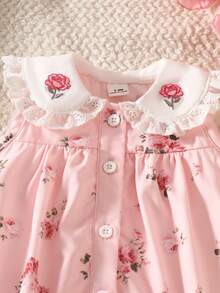 SHEIN Infant Girls'Cute Summer Light Pink Rose Embroidered Lace Collar Sleeveless A-Line Dress Soft Fabric Infant Dress For Party Cruise Photography 0-12M - Pink - View 6