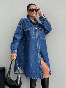 EURMUSE Women's Loose Fit Drop Shoulder Denim Dress With Front Button Closure - Medium Wash - View 5