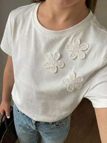 Dazy Kids 青少年女孩秋季服飾 青少年女孩圓領針織短袖蝴蝶結裝飾T恤 夏季 - 白色 - 查看 4