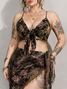 ROMWE Fairycore Top Plus Size Feminina com Estampa Retrô Hippie Western Cowboy, Decoração de Contas de Madeira Transparentes, Bainha com Franjas e Estampa Paisley Twist - Multicolorido - Visão 1