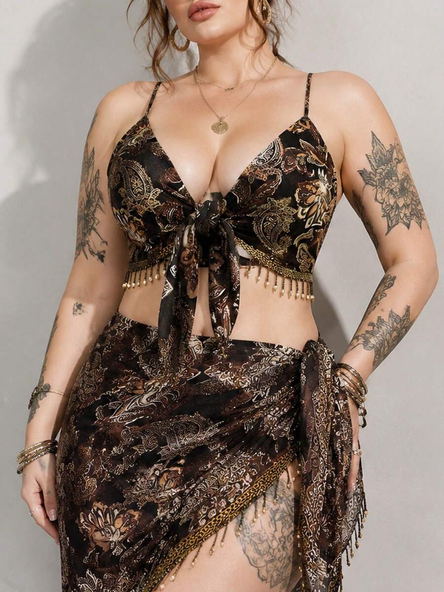ROMWE Fairycore Top Plus Size Feminina com Estampa Retrô Hippie Western Cowboy, Decoração de Contas de Madeira Transparentes, Bainha com Franjas e Estampa Paisley Twist - Multicolorido - Visão 1