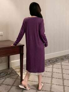 DAZY Sweet Floral Lace Trim Long Sleeve Long Dress Women's Nightgown Pajamas - Purple - View 2