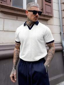 Artur Kramer Kemeja Polo Lengan Pendek Pria Kasual untuk Berpergian dengan Desain Blok Warna - Putih - View 3