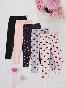 SHEIN 5 Pcs Girls' Leggings, Including Solid Color And Printed Styles, Simple And Versatile, Soft And Skin-Friendly Knit Fabric, Machine Washable, Comfortable Fit (5 Pieces Are Sold As A Set) - Multicolor - View 4