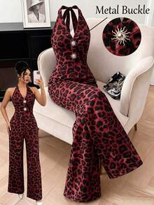 Franclia Jumpsuit Wanita Motif Leopard Musim Semi/Panas, Leher Halter, Tanpa Punggung, Dekorasi Gesper Matahari, Potongan Pinggang Lebar, Cocok untuk Belanja / Festival Musik / Liburan Pantai / Perjalanan Sehari-hari - MultiWarna - View 1