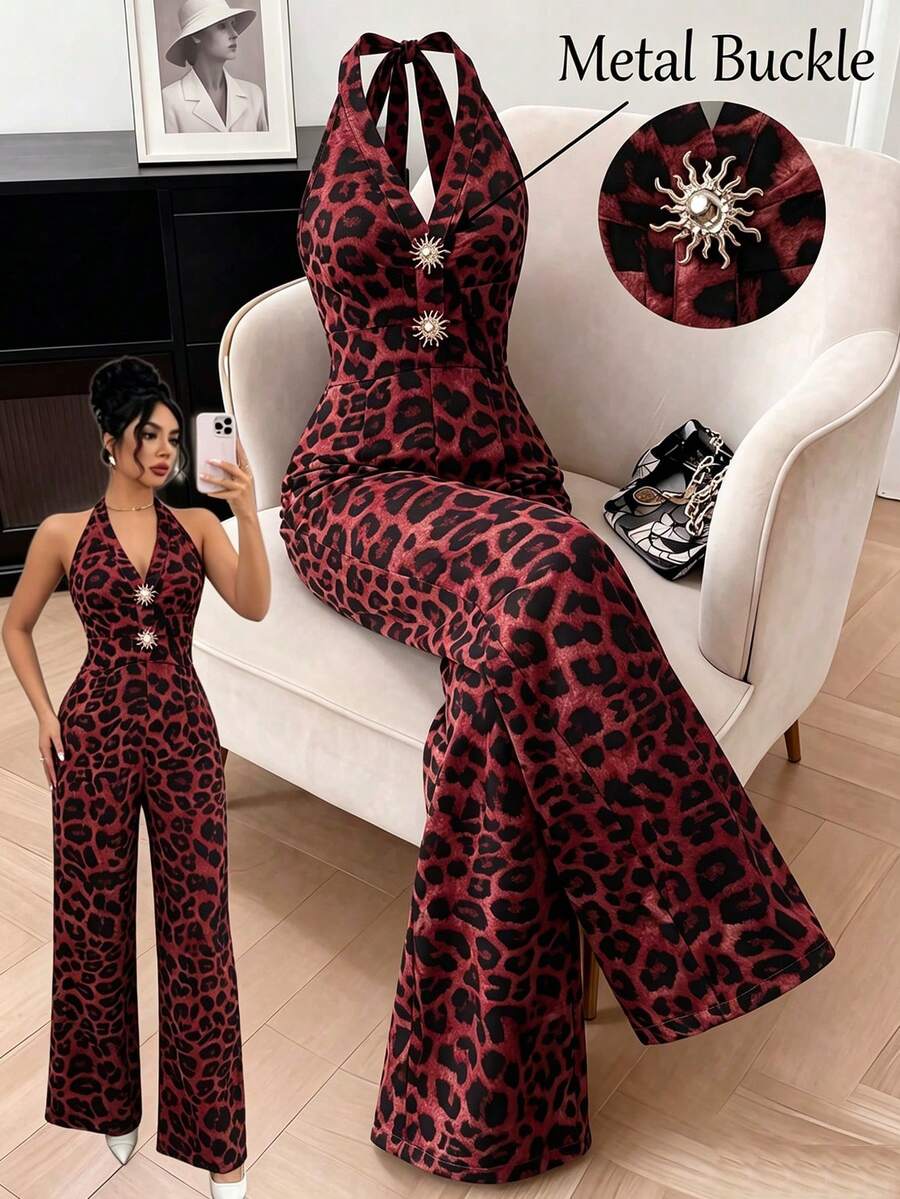 Franclia Jumpsuit Wanita Motif Leopard Musim Semi/Panas, Leher Halter, Tanpa Punggung, Dekorasi Gesper Matahari, Potongan Pinggang Lebar, Cocok untuk Belanja / Festival Musik / Liburan Pantai / Perjalanan Sehari-hari - MultiWarna - View 1