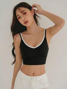 DAZY Contrast Color Double Shoulder Strap Padded Slight Push-Up Sports Bra For Women - Black - View 4