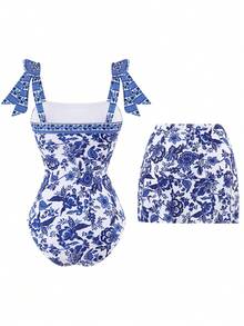 Swim Oasis 女款一件式泳衣，黑色蝴蝶結與大花朵設計，不對稱裙襬，春夏秋冬時尚休閒度假高級兩件套 - 藍白色 - 查看 2