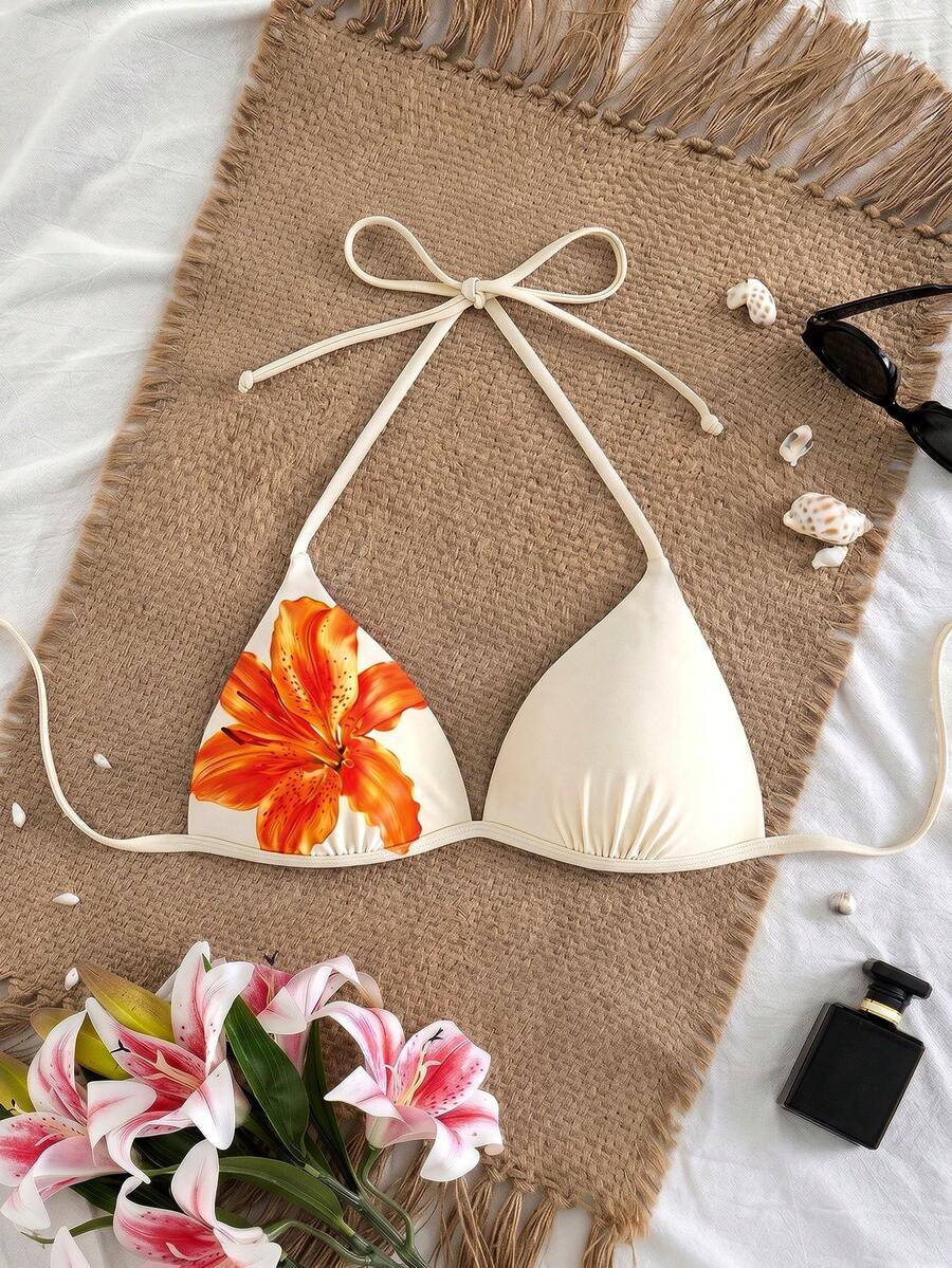 Swim Vcay 女款最新時尚沙灘裝,度假休閒,粉色百合花卉印花掛脖綁帶比基尼上衣套裝,優雅性感夏季女士泳裝 - 橘色 - 查看 1