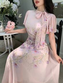Modelyn 女款綁帶收腰抓皺印花大裙擺洋裝 - 淺粉色 - 查看 3