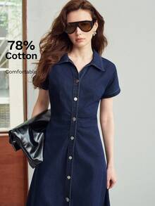 MOTF PREMIUM GAUN DENIM PANJANG PAS BADAN LENGAN SAYAP KELELAWAR UNTUK WANITA MUSIM SEMI/PANAS - Navy Blue - View 7