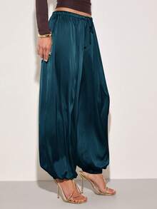 COSMINA Pantalones largos holgados de pierna ancha con diseño de cordón en la cintura y puños para mujer, unicolor - Verde - Ver 4