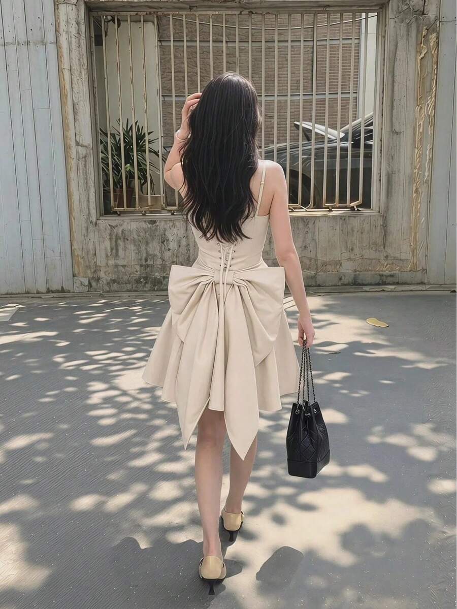 SHEIN MOD 女式简约纯色日常优雅吊带连衣裙 - 杏色 - 查看 1