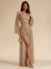 Two Set: Long Sleeve Crop Top With Long Sleeve With Semitransparent Side Opening For Women - Beige - View 1