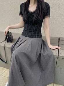FRIFUL 女款對比蕾絲波點印花前綁帶短袖休閒T恤 夏季 - 黑色 - 查看 7