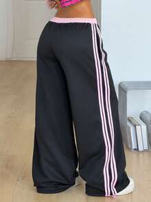 Coolane 女款夏季街頭風運動休閒運動服，黑色與粉色拼接條紋紋理裝飾寬腿運動長褲，適合健身房運動、日常休閒與畢業照拍攝 - 彩色 - 查看 6