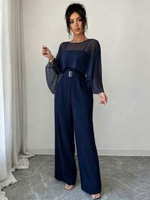 SHEIN Raffinéa 女款網格拼接休閒日常旅行連身褲 - 藏蓝色 - 查看 5