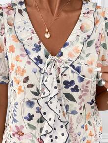 SHEIN Clasi Women's Petal Sleeve Polka Dot Contrast Trim Ruffle Collar Elegant Blouse - Multicolor - View 3