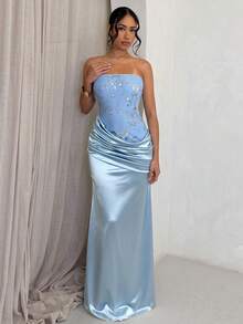 SHEIN Glamour 淺藍色晚禮服，亮片抹胸洋裝，緞面美人魚正式洋裝，修身長款派對洋裝，女款宴會洋裝，女主人洋裝，生日穿搭，優雅正式穿著，夏季音樂節穿搭，海灘穿搭，浪漫約會洋裝，度假派對穿搭，節日慶祝穿搭 - 藍色 - 查看 3