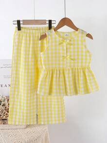 SHEIN Vintaside Kids 少女夏季新款清新田園風精緻綠白格紋兩件套，同色系蝴蝶結裝飾無袖背心上衣 + 同花色寬腿長褲，甜美可愛日常穿搭 - 黃色 - 查看 3