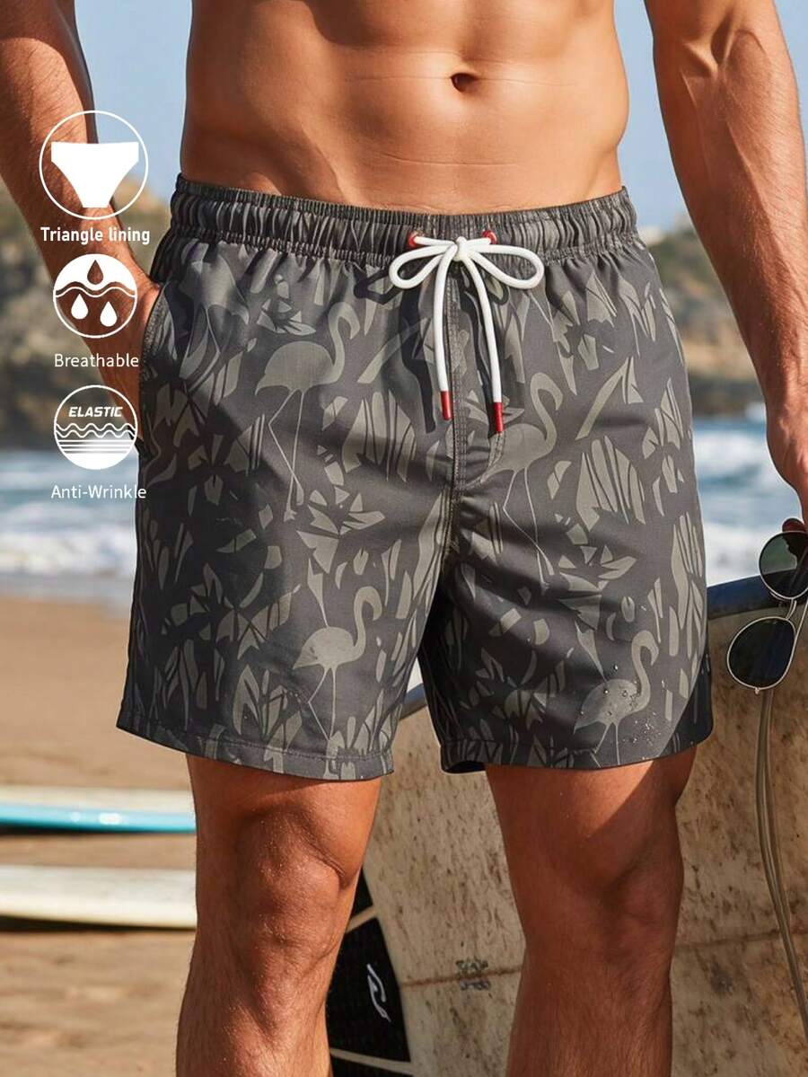 Manfinity Swimmode Men's Beach Holiday Flamingo Print Drawstring Swim Trunks Men's Beachwear Grey Swim Trunks Men Swim Trunks Drawstring Camo Men's Swim Trunks - Black - View 1