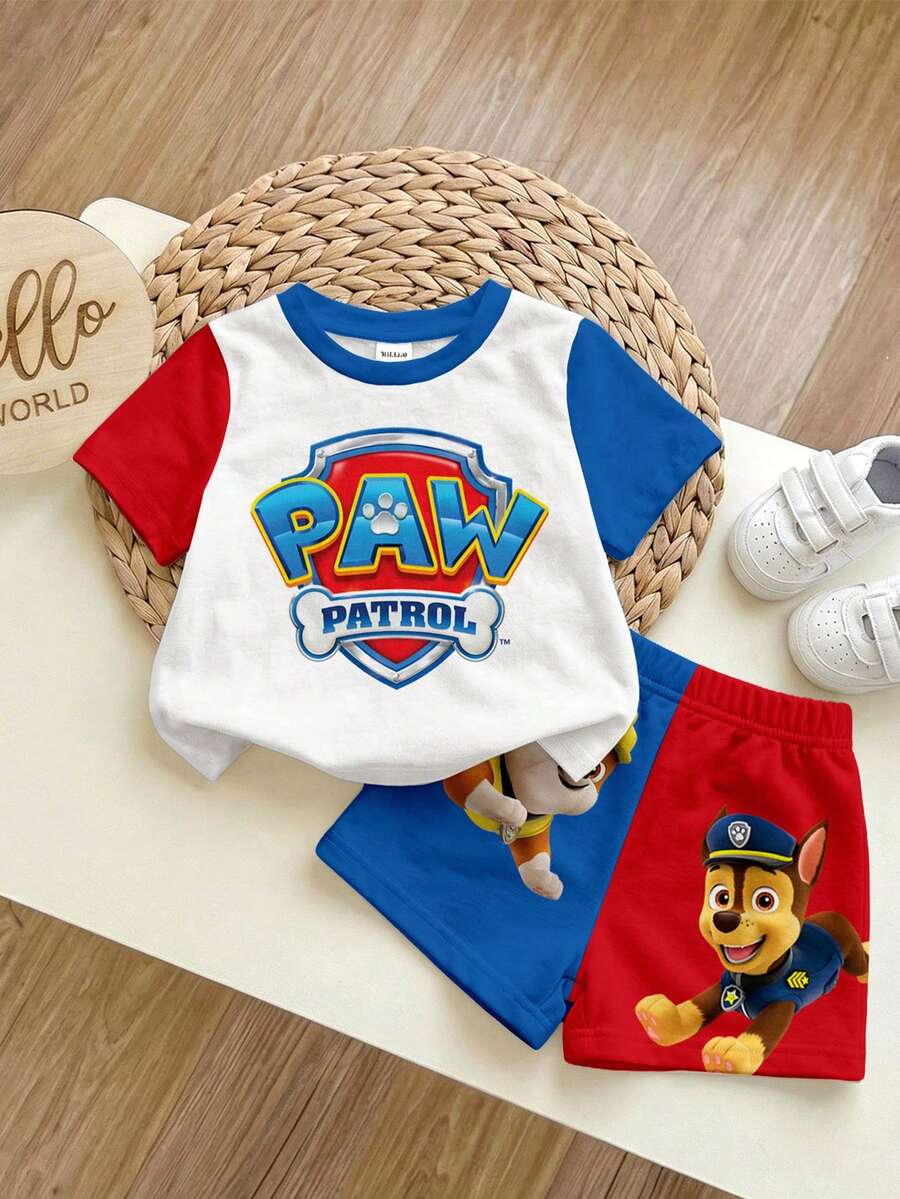 SHEIN | PAW Patrol 男嬰圓領字母圖案撞色短袖T恤與短褲休閒日常套裝,適合春夏季 - 彩色 - 查看 1