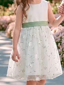 SHEIN 女童公主洋裝，花童生日派對婚禮節日禮服，緞面質感面料，無袖，豌豆綠，3D花朵網紗裙襬，中東歐美風後背繫帶蝴蝶結 - 白色 - 查看 5