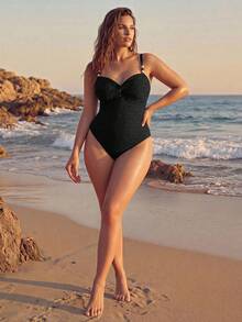 Swim Oasis Plus Size Women's Vacation Twist Design Camisole One-Piece Swimsuit With Cover-Up Pants - Black - View 7