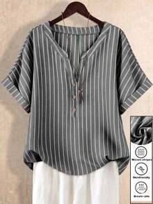 Linhara Plus Size Women's Black Loose Casual Spring/Summer H-Line Notch Neck Rolled Cuff Striped Print Casual Shirt - Black - View 1