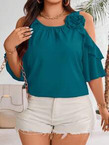 Vionelle Plus Cold Shoulder Ruffle Trim Blouse For Summer For New Year Clothes - Blue - View 3