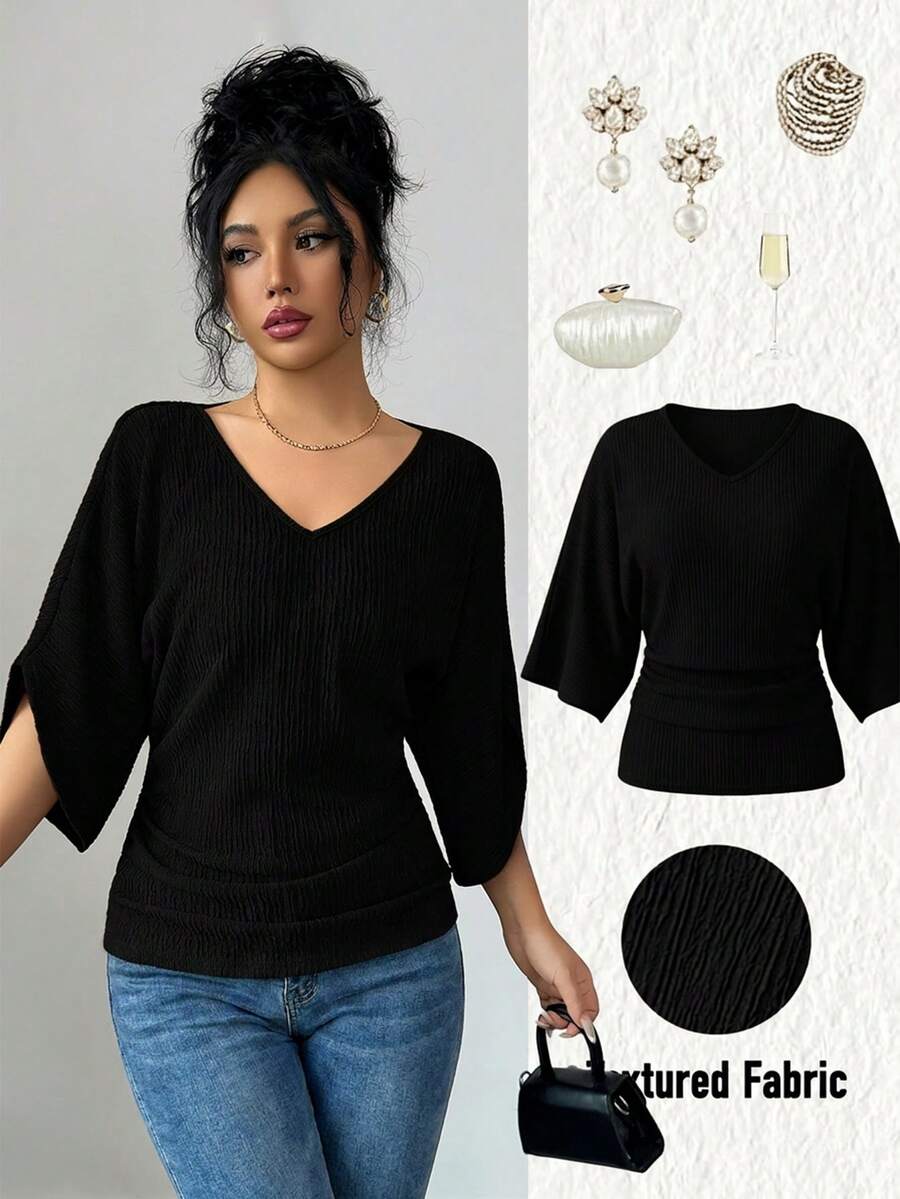 Elenzga Women's Textured Fabric V-Neck Loose Waist-Cinched Ruched Waist Figure-Flattering Design High-End Elegant Birthday Gift Date Versatile Short Sleeve - Black - View 1
