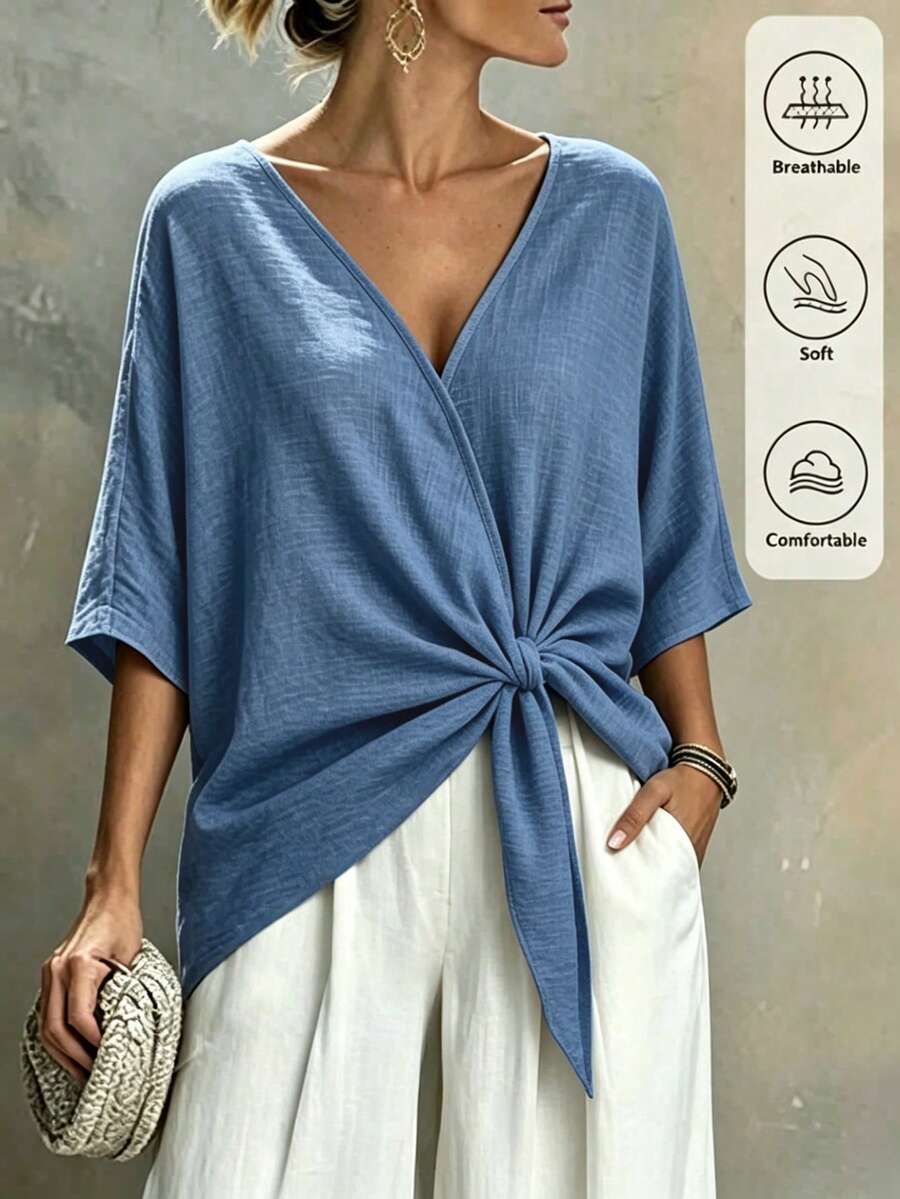 SHEIN Holidaya 女款純色V領蝙蝠袖腰部打結休閒襯衫 - 中等水洗藍 - 查看 1