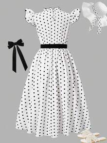 SHEIN Girls' Print Patterned Flutter Sleeve Waist-Defining Dress - White - View 2