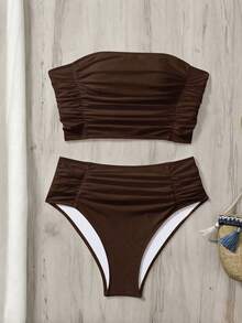 Swim Vcay Women's Solid Color Bandeau Bikini Set With Double Side Ruched Details, Beach Summer Outfits - Coffee Brown - View 2