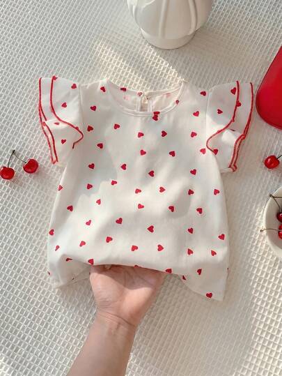 SHEIN Young Girl Heart Print Round Neck Ruffle Sleeve Cute Blouse Summer Casual Versatile Cute Holiday School Vacation Comfy