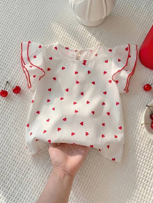 SHEIN 少女心印花圓領荷葉袖可愛上衣