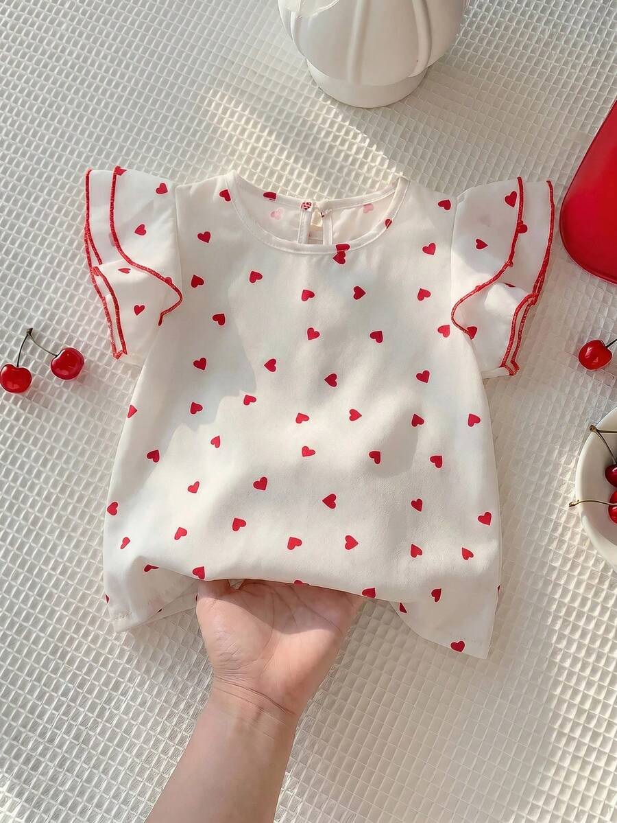 SHEIN 少女心印花圓領荷葉袖可愛上衣 - 紅白色 - 查看 1