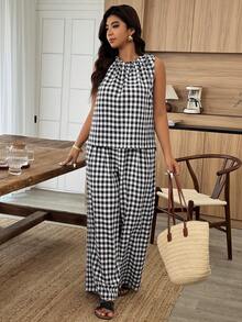Weeklong Spring Summer New Arrival Plus Size Women's Black & White Gingham Textured Round Neck Drawstring Sleeveless Top + High-Waist Wide Leg Pants Sets, For Daily & Travel Wear - Multicolor - View 5
