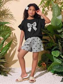 SHEIN 少女 T-shirt 套裝，帶荷葉邊袖口與蝴蝶結，適合日常休閒可愛穿搭，適合返校季，全黑 - 黑色 - 查看 2