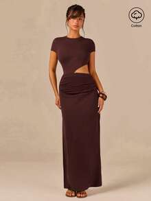 Athîral Women's Casual Dark Brown Short Sleeve Waist Cutout Maxi Bodycon Dress,  Summer Outfit, Commute Outfit, Casual Dress Vacation - Brown - View 3