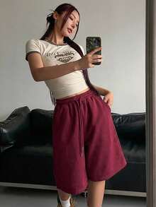 DAZY 女款夏季休閒純色彈性抽繩短褲 - 酒紅色 - 查看 6