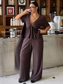 Muchica 2pcs Plus Size Women Textured Ruffle Hem T-Shirt And Drawstring Waist Casual Pants Set - Black - View 4