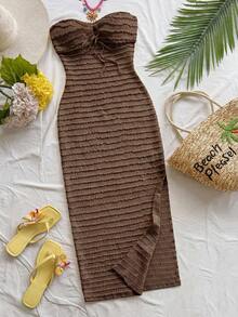 Vestido de mujer a rayas con frente plisado y lazo, atuendos de playa y vacaciones, atuendos de primavera y verano para mujeres - Café integral - Ver 4