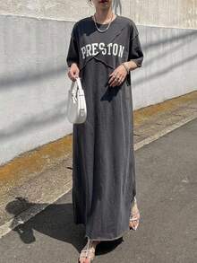 FRIFUL Women's Loose Long Dress With Letter Print, Split Line & Decorative Stitching, Summer Maxi Dress - Grey - View 10