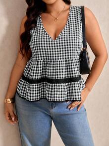 Elaquor Plus Size Women's Sweet Plaid V-Neck Lace Patchwork Airport Holiday Vacation Ruffle Hem Top Casual 1920s 90s Cute Summer Daily Wear Oktoberfest - Apricot - View 6