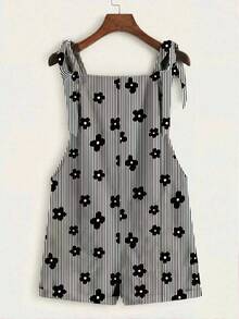 SHEIN EZwear 可愛夏季休閒黑白條紋花卉連身褲，打結肩帶口袋拼接連身短褲，適合野餐度假、派對、Y2K時尚外出 - 彩色 - 查看 2