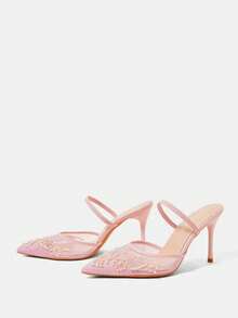 CUCCOO HITCHD 女款春夏優雅珍珠刺繡尖頭細高跟鞋 低鞋口網布 9cm 女鞋 日常約會派對婚禮適用 - 淺粉色A - 查看 3