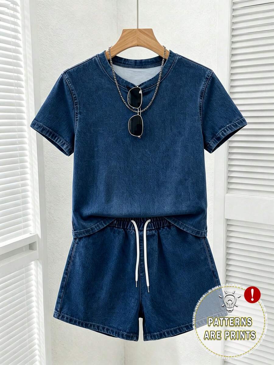 Franclia Women's Solid Color Short Sleeve Round Neck Shirt And Drawstring Shorts 2-Piece Set - Royal Blue - View 1