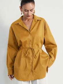 Aveloria Modichic Camisa de manga larga para mujer de estilo safari a rayas, corte holgado con drapeado, casual para ir al trabajo, con cuello abatible, cuello de pie, cinturón, de largo medio, nueva para otoño/invierno - Amarillo - Ver 3