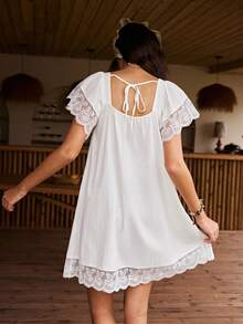 Lullawish White,Summer,Home Bohemian Style Women's Nightgown,Water-Soluble Lace Patchwork 100% Cotton Woven Fabric A-Line Doll Dress Vacation Wear - White - View 2
